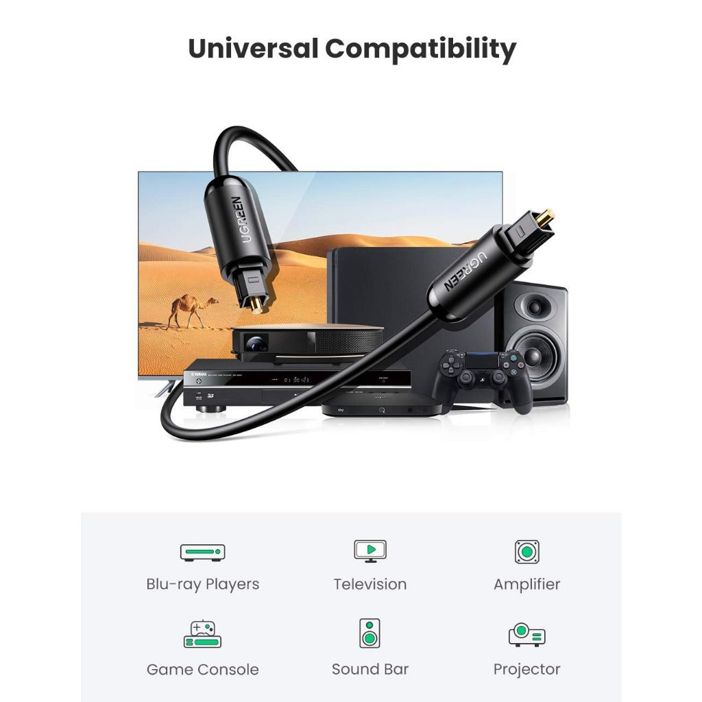 UGREEN Male to Male Fiber Optical Toslink Connector Audio Cable for TV, CD/DVD/Blu-Ray Player, Game Console to Speaker, Soundbar, Amplifier, etc. (1 Meter  / 1.5 Meter / 2 Meters / 3 Meters)