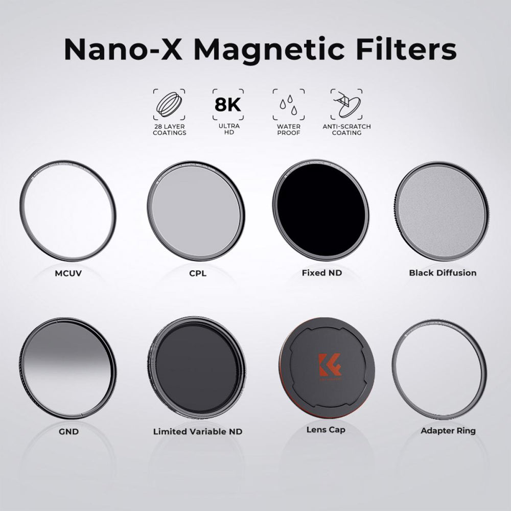 K&F Concept Nano-X Series Ultraviolet + Polarizing + Neutral Density (MCUV + CPL + ND1000) Ultra-Slim Optical Lens Filter Kit Waterproof UHD MRC 28-Layer Nano-Coated with Ring Adapter - Avalable Size