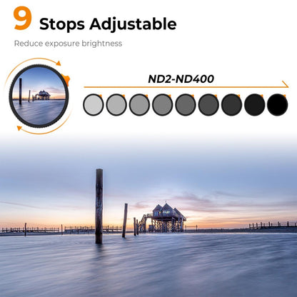 K&F Concept Nano-X Series Variable ND2-400 9-Stop Neutral Density Lens Filter with Multi-Coated Optical Glass and Aluminum Metal Frame for Mirrorless and DSLR Camera Photography - Available in all sizes