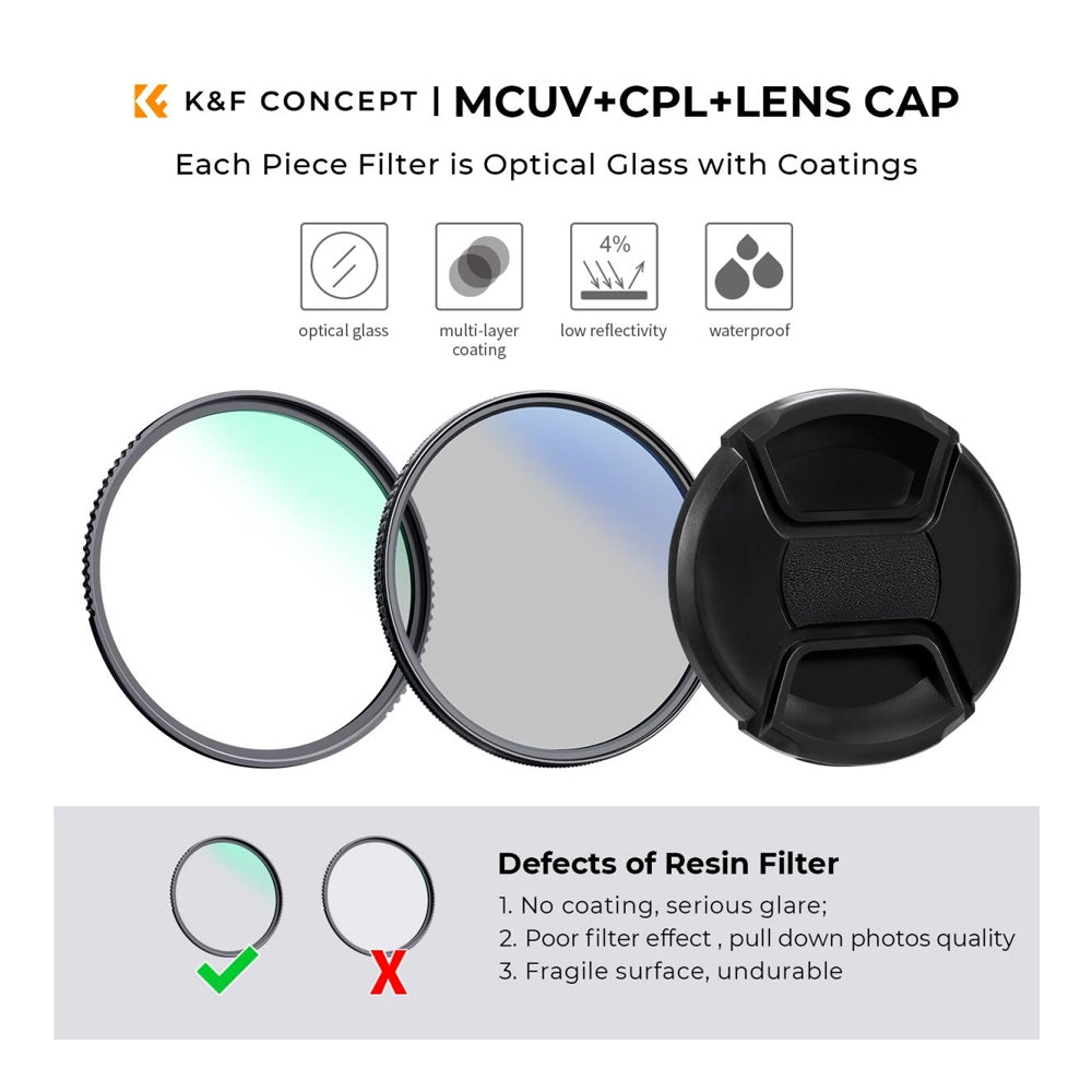 K&F Concept Nano-K Series Ultraviolet + Polarizing (MCUV + CPL) Optical Lens Filter Kit Waterproof HD MRC 18-Layer Nano-Coated with Lens Cap & 3pcs Cleaning Cloths | 49mm