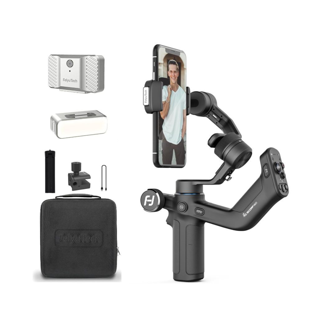 FiyuTech SCORP Mini P Kit 3-Axis Smartphone Gimbal Stabilizer with 2200mAh Built-In Battery, Magnetic Intelligent AI Tracking Module, and Fill Light 3300-5200K for iPhone and Android Phone