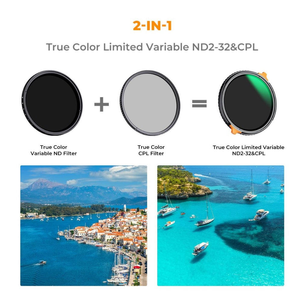 K&F Concept no-X True Color ND + CPL 2 in 1 ND2-ND32 Lens Filter with 1-5 Stops Variable Fader Neutral Density Circular Polarizing, No X Cross Shadow, MRC Waterproof and Scratch-Resistant for Cameras and Photography