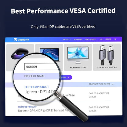 UGREEN 8K UHD DP 1.4 High-Speed DisplayPort Cable -  Supports 32.4Gbps Transmission, 240Hz Refresh Rate, 24-bit Audio, 3D Visuals & Dymic HDR for TVs, Monitors, Projectors, Cameras, Laptops & Computers | DP120