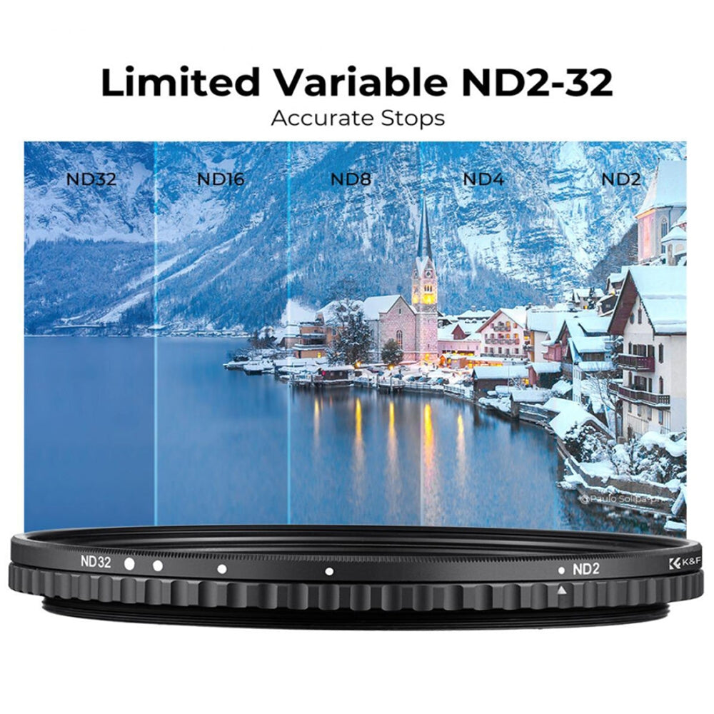[CLEARANCE] K&F Concept Variable ND Filter ND2-ND32 (1-5 Stops) Neutral Density Nano-X Optical Glass Lens Filters with Waterproof & Scratchproof Multi-Layer Protective Coating and Ultra-thin Frame for DSLRs and Mirrorless Cameras