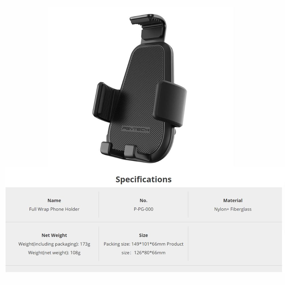 PGYTECH Full Wrap Phone Holder with Ball Head Mount and Anti-Slip Rubber for Smartphones (64-92mm x 130-175mm)
