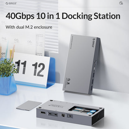 ORICO 11-in-1 Thunderbolt 3 40Gbps Type-C Docking Station with Dual-Bay M.2 NVMe SATA SSD Enclosure, DP 8K@30Hz Video Converter, RJ45 1000Mbps, USB-C/A Hub 10Gbps, PD 60W, 3.5mm Audio/Mic - Supports Windows & macOS PCs, Computers, Laptops
