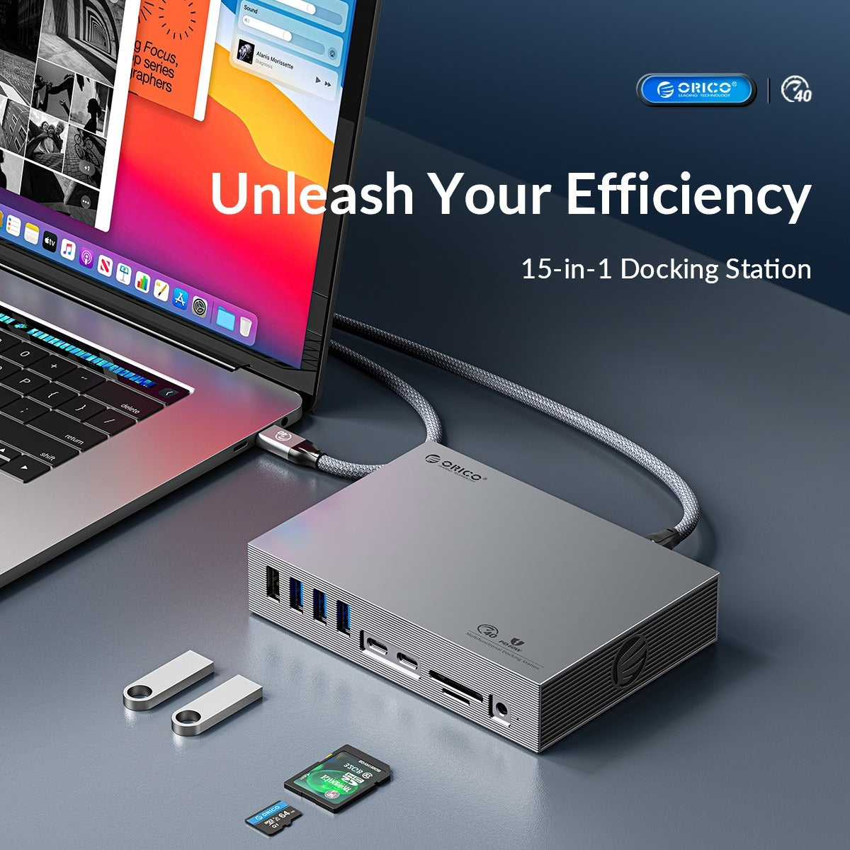 ORICO 15-in-1 Thunderbolt 3 40Gbps Type-C Docking Station with TF/SD Card Reader, S/PDIF Optical Audio, DP 8K@30Hz Video Converter, RJ45 1000Mbps, USB-C/A Hub 10Gbps, PD 60W, 3.5mm Audio/Mic - Windows & macOS PCs, Computers, Laptops