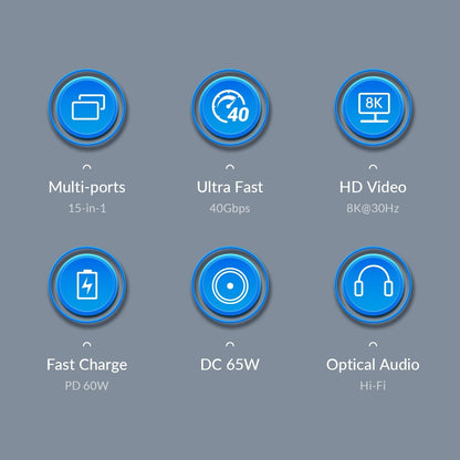 ORICO 15-in-1 Thunderbolt 3 40Gbps Type-C Docking Station with TF/SD Card Reader, S/PDIF Optical Audio, DP 8K@30Hz Video Converter, RJ45 1000Mbps, USB-C/A Hub 10Gbps, PD 60W, 3.5mm Audio/Mic - Windows & macOS PCs, Computers, Laptops