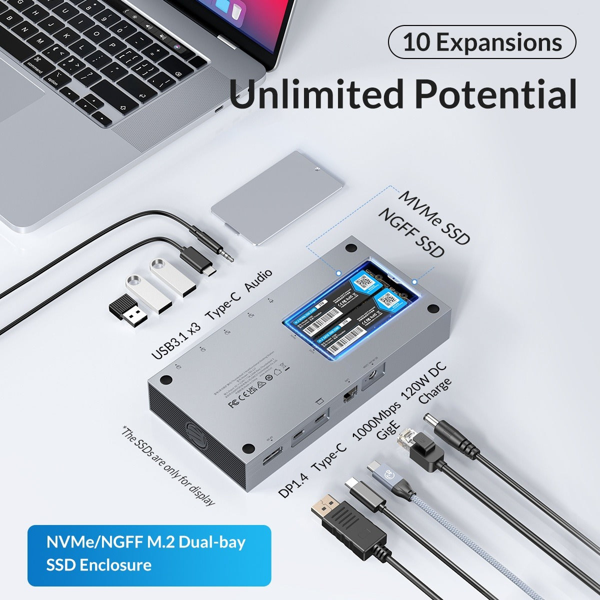 ORICO 11-in-1 Thunderbolt 3 40Gbps Type-C Docking Station with Dual-Bay M.2 NVMe SATA SSD Enclosure, DP 8K@30Hz Video Converter, RJ45 1000Mbps, USB-C/A Hub 10Gbps, PD 60W, 3.5mm Audio/Mic - Supports Windows & macOS PCs, Computers, Laptops