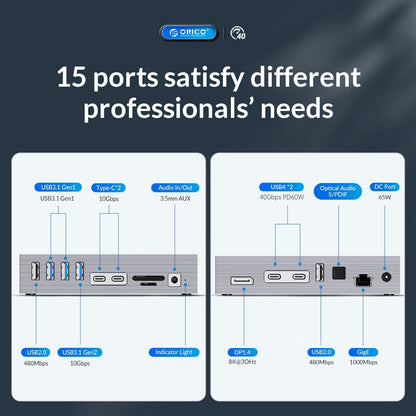 ORICO 15-in-1 Thunderbolt 3 40Gbps Type-C Docking Station with TF/SD Card Reader, S/PDIF Optical Audio, DP 8K@30Hz Video Converter, RJ45 1000Mbps, USB-C/A Hub 10Gbps, PD 60W, 3.5mm Audio/Mic - Windows & macOS PCs, Computers, Laptops