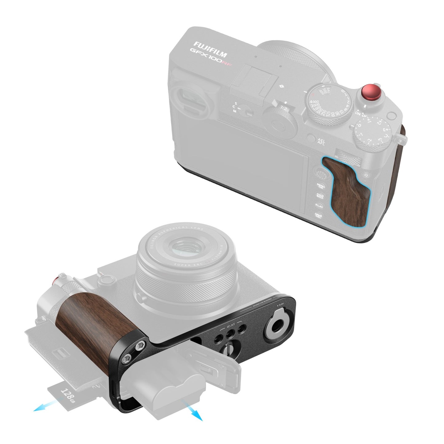 SmallRig Camera L-Shape Mount Bracket for FUJIFILM GFX100RF with Wooden Grip, Shutter Button, Arca-Swiss Type Baseplate, 1/4"-20 Thread Accessory Attachment | Black | Silver | 5265 | 5266 | JG
