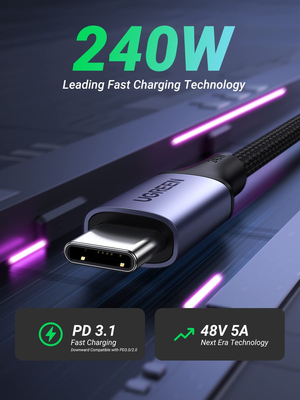 [CLEARANCE] UGREEN 240W USB C PD 3.1 1 Meter Fast Charging Cable Charger with 480Mbps Transmission Rate for MacBook, iPad Pro, Samsung Galaxy, Laptop, Android Smartphone, Tablet, Headphones, Speaker, etc. | 15311