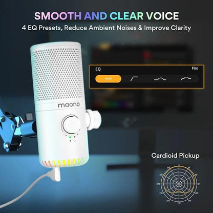 [CLEARANCE] Maono DM30 Programmable RGB Gaming Cardioid Condenser USB Microphone with 3.5mm Jack, Mic Gain, Headphone Volume, Zero Latency Monitoring (White)