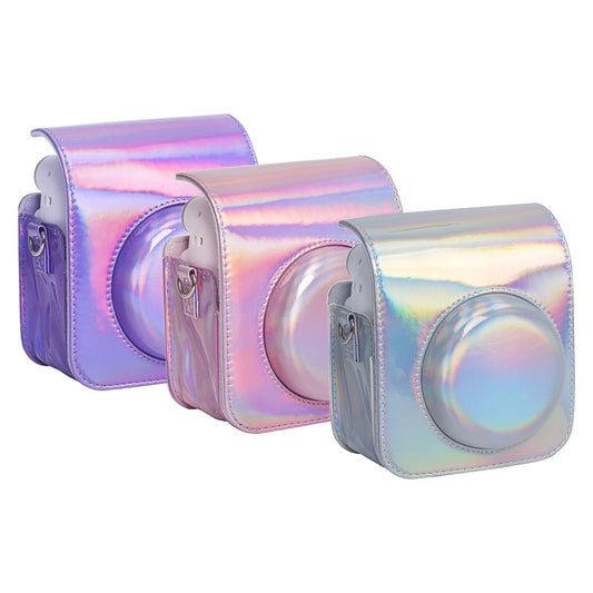 Pikxi BMP12 Iridescent Holographic Style Fujifilm Instax Mini 12 PU Leather Protective Camera Case Bag with Shoulder Strap - Purple, Silver, Pink
