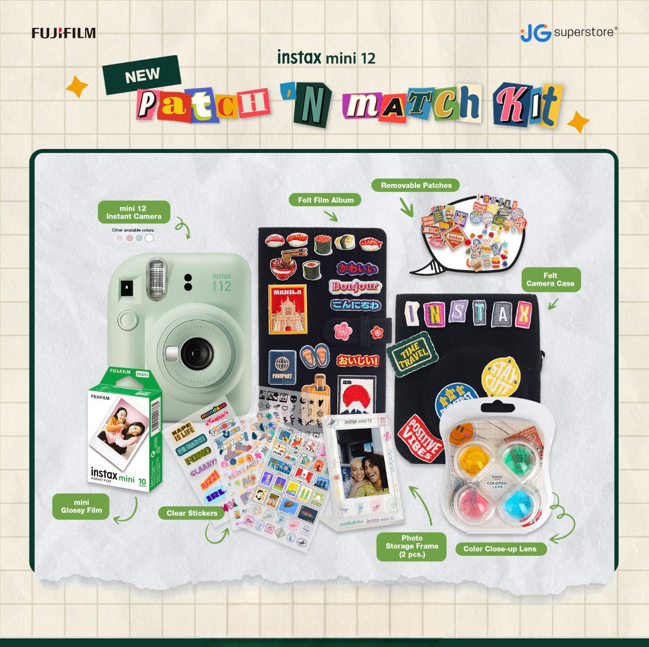 Fujifilm Instax Mini 12 Patch 'N Match Package Instant Camera Bundle Pack with Mini Glossy Film 10s, Felt Case & Album w/ Patches, Clear Stickers, Removable Patches, Colored Lens and Photo Storage Frames