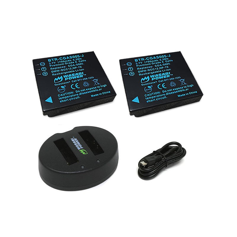Wasabi Power DMW-BCC12 CGA-S005 (2 Pack) 3.7V 1700mAh Battery and Dual USB Charger Kit BCC12 CGAS005 for Select Panasonic Lumix DMC-FS1 DMC-FS2, DMC-FX01 FX07, DMC-FX1 DMC-FX10, DMC-LX1 DMC-LX2 DMC-LX3 Point & Shoot Camera