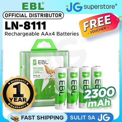 EBL LN-8111 Home Basic 1.2V AA 2300mAh NiMH Nickel Metal Hydride Rechargeable Batteries with Included Storage Case for Portable and Emergency Electronics (Pack of 4)