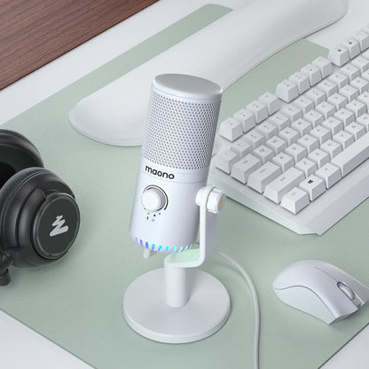 [CLEARANCE] Maono DM30 Programmable RGB Gaming Cardioid Condenser USB Microphone with 3.5mm Jack, Mic Gain, Headphone Volume, Zero Latency Monitoring (White)