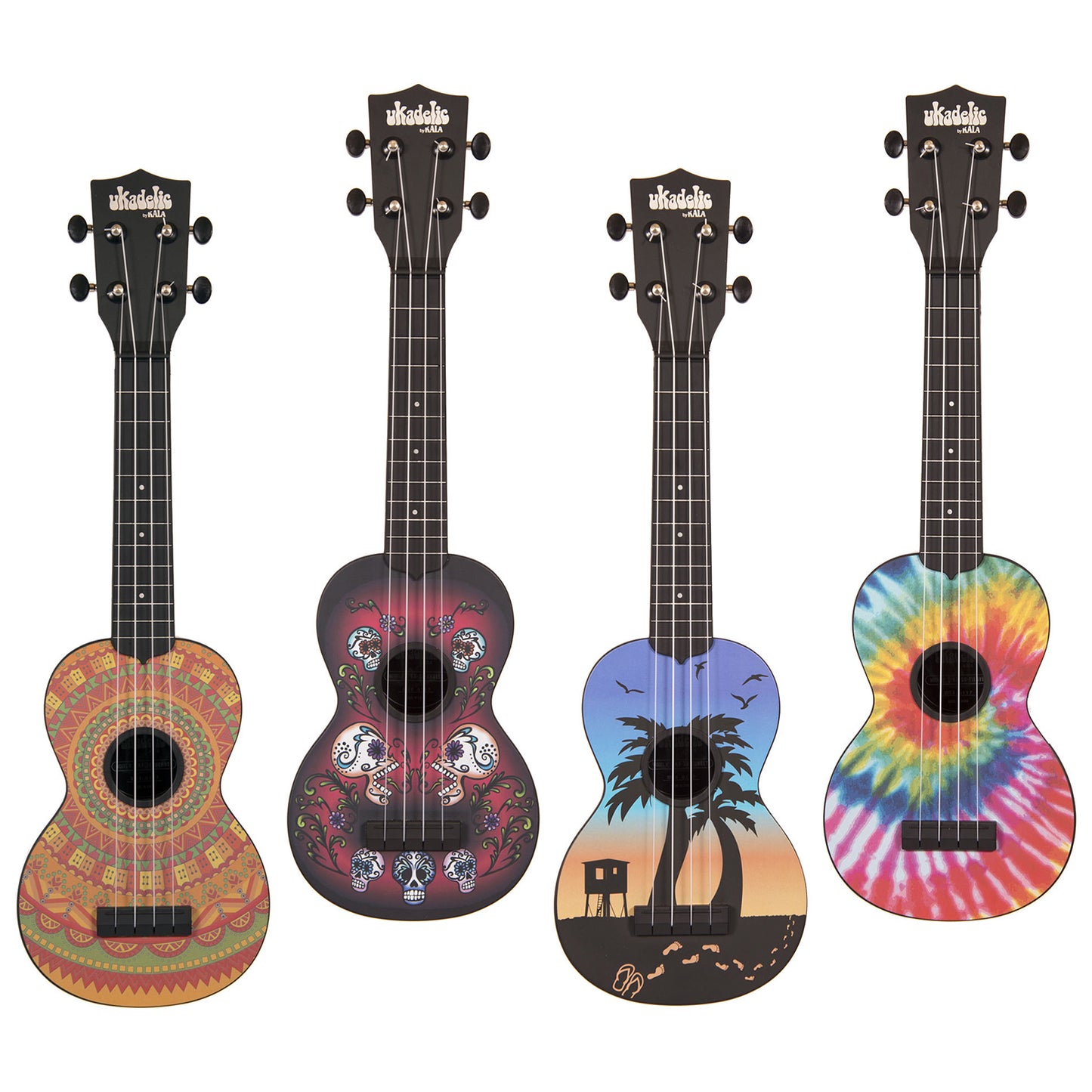 Kala Ukadelic Soprano Ukulele Water Resistant 4 String ABS Composite Plastic Artwork Guitar with 12 Frets KA-SU (Mehndi, Skulls, Sunset, Tiedye)