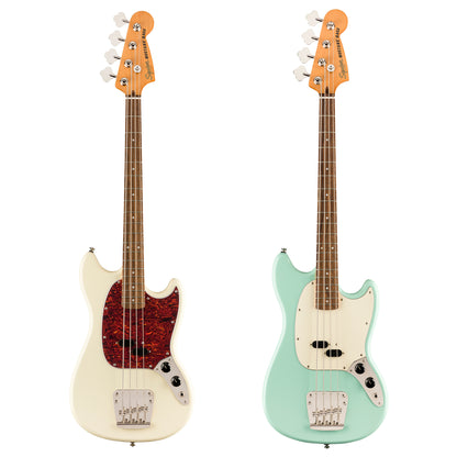 Squier by Fender Classic Vibe '60s Mustang Bass Electric Guitar Vintage Style LRL with Split Coil Pickup, Nickel Plated Hardware (White, Green)