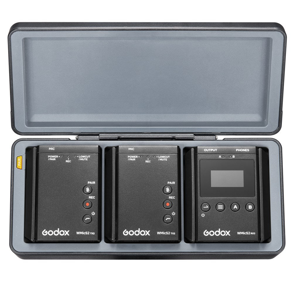 Godox WMicS1 / PRO WMicS2 Kit 2 Clip-On UHF Wireless Lavalier Microphone (TX TX RX) Transmitter & Receiver System with 100m Range, 3.5mm Audio I/O, OLED Display, and Adjustable Antenna for Audio Mixers, Mirrorless and DSLR Cameras