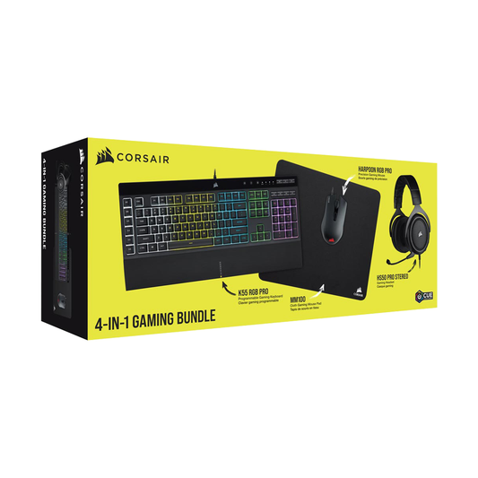 CORSAIR 4-in-1 Gaming Bundle with K55 RGB Pro Keyboard and Harpoon Pro Mouse, HS50 Pro Stereo Headphones and MM100 Mousepad | CH-9226A65-NA
