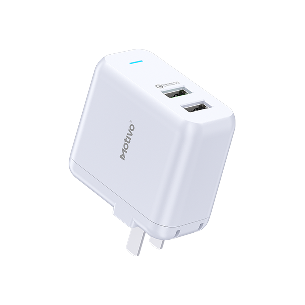 Motivo N10 Dual Port Fast Wall Charger with Qualcomm Quick Charge 3.0 Technology, 9V / 12V Max Output, LED Light Indicator, Surge and Voltage Protection for Smartphone and Laptop (White) | T0001