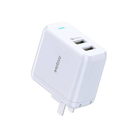 Motivo N10 Dual Port Fast Wall Charger with Qualcomm Quick Charge 3.0 Technology, 9V / 12V Max Output, LED Light Indicator, Surge and Voltage Protection for Smartphone and Laptop (White) | T0001