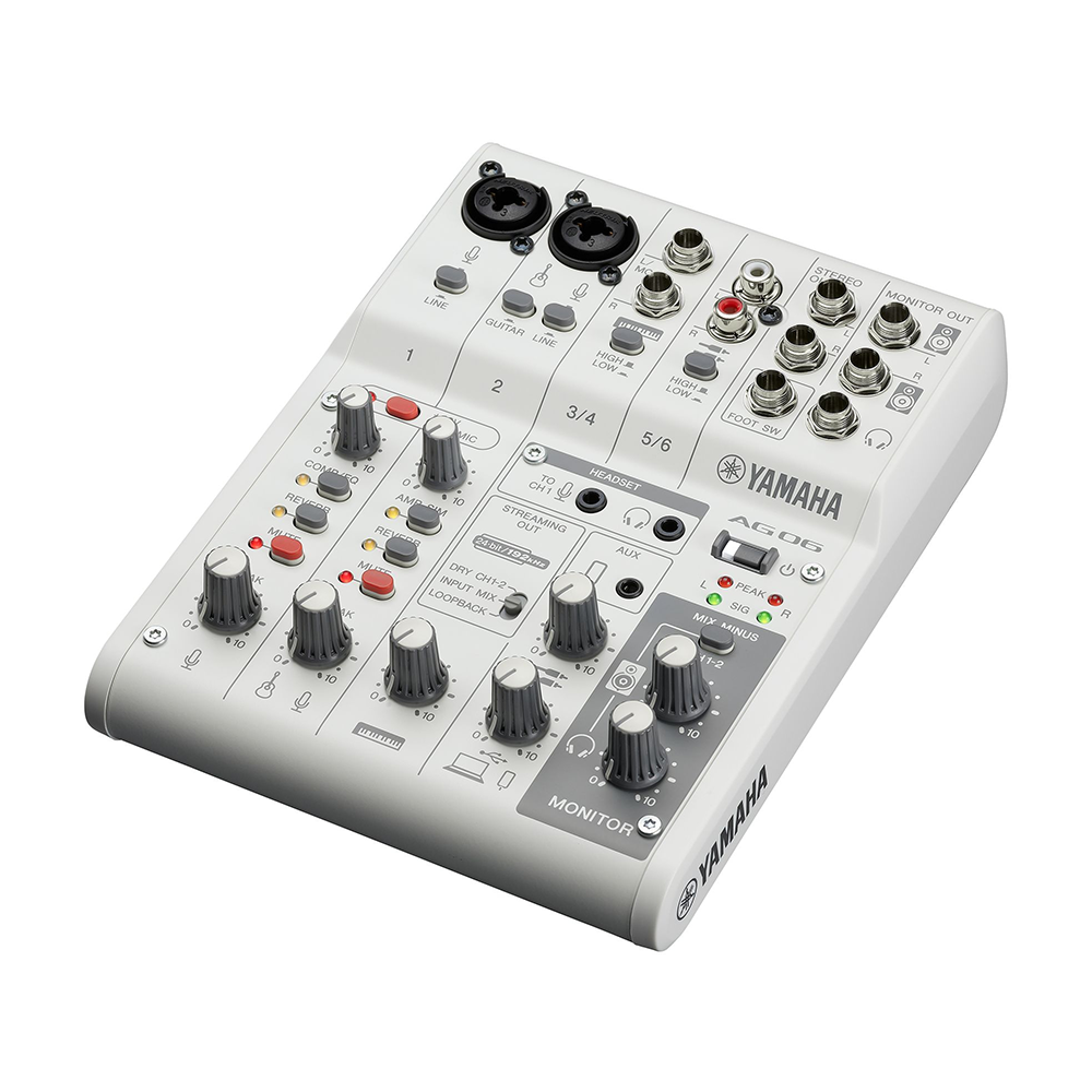 Yamaha AG06 Mk. II Multipurpose 6-Channel Audio Mixer Interface w/ Recording / Playback, 1 Touch DSP Control Effects via App Support, XLR 3 Pin, 6.35mm, 3.5mm TRS AUX and RCA Ports for Audio Production & Streaming (White, Black) | AG06 MK2