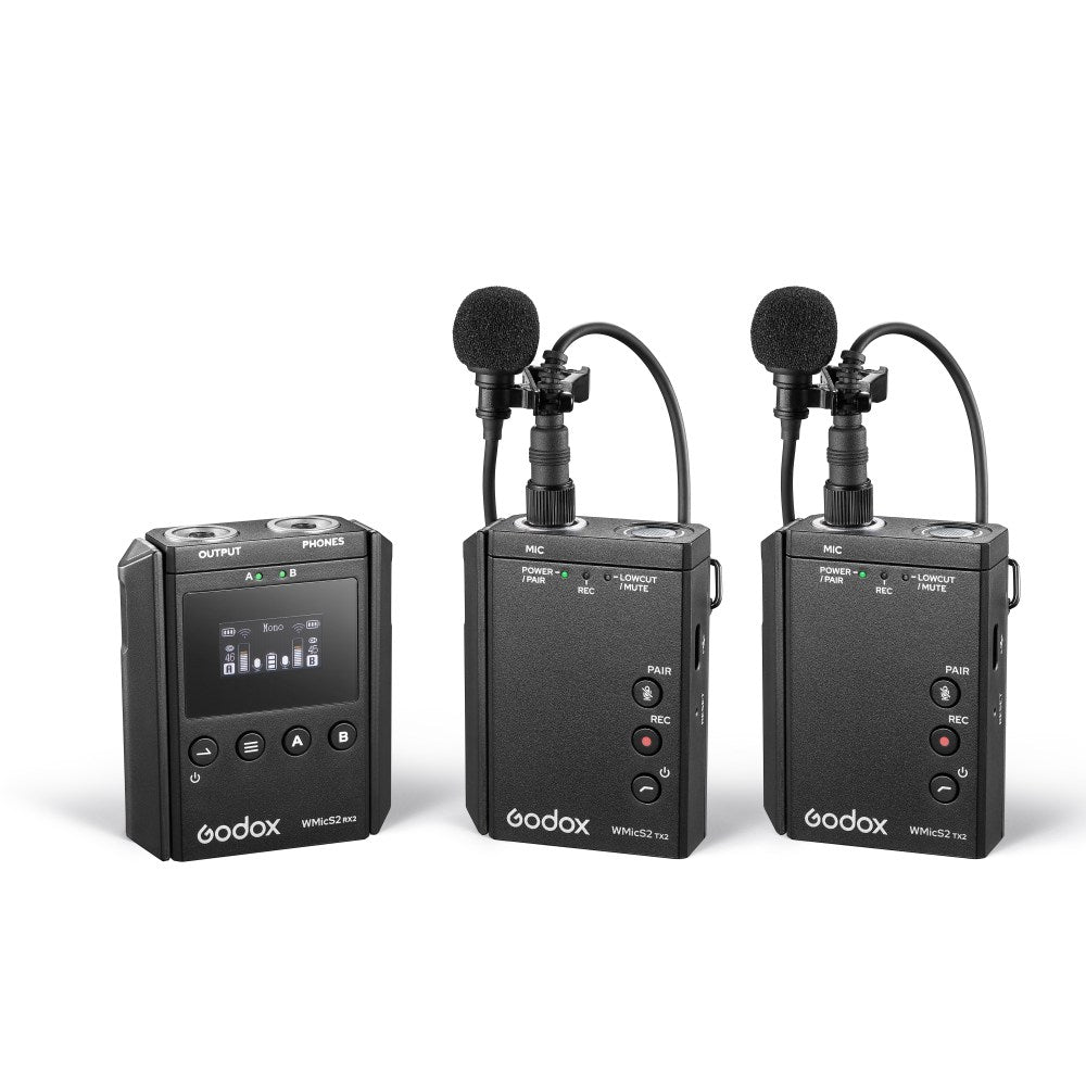 Godox WMicS1 / PRO WMicS2 Kit 2 Clip-On UHF Wireless Lavalier Microphone (TX TX RX) Transmitter & Receiver System with 100m Range, 3.5mm Audio I/O, OLED Display, and Adjustable Antenna for Audio Mixers, Mirrorless and DSLR Cameras