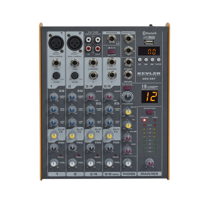 KEVLER SMX-6BT 6 Channel Compact Bluetooth Mixer with USB, 2 Microphone/Line Stereo Input, 48V Phantom Power, MP3 Play/Record Function and Echo/Repeat/Delay Effects