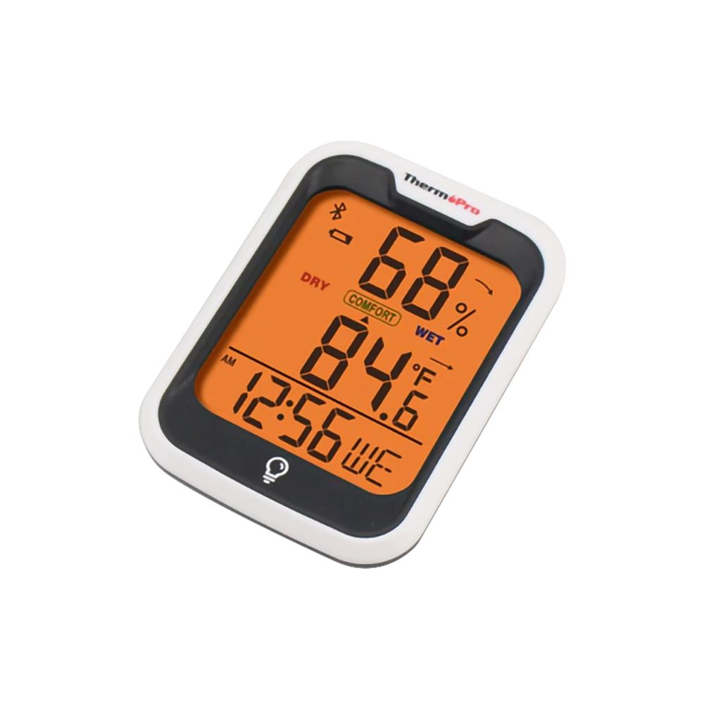 ThermoPro TP358 Hygrometer and Thermometer with Built-in Clock, Bluetooth 5.0, Premium Sensirion 260ft Humidity and Temperature Sensors, Comfort Level Indicator, Backlight and App Support for Indoors and Greenhouse Use