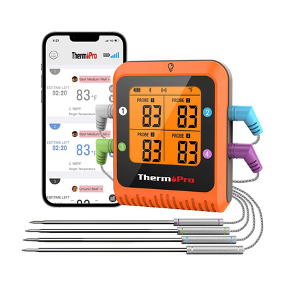 [CLEARANCE] ThermoPro TP930 Wireless and Rechargeable Meat Thermometer with IPX4 Splash Resistance, 4 Color-coded Probes, Grill Thermometer, Alarm and Timer for Grills, Ovens and Countertop Cooking