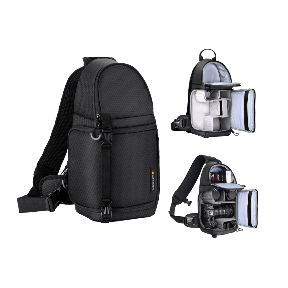 K F Concept 10L Nylon Black Golden Leather Camera Sling Bag with Tripod Holder Rear and Side Access Pockets for Sony Fujifilm Canon Nikon Lumix