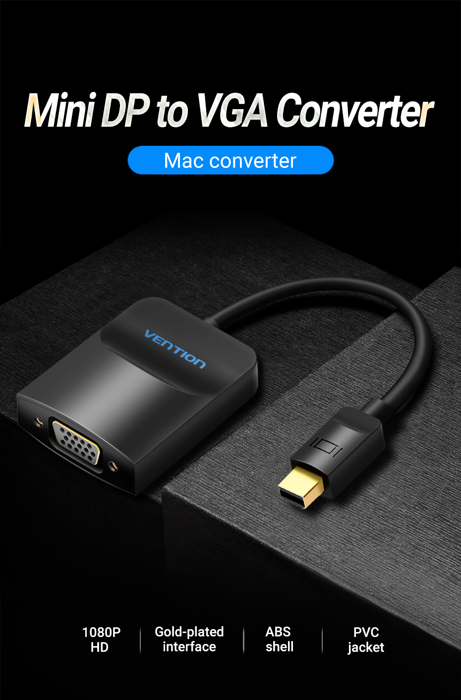 Vention 1080p / 60Hz Male Mini DP to Female VGA Converter 0.15-Meter Copper Core (HBDBB) Adapter and Converter for TV, iMac, Macbook, Monitor Projector