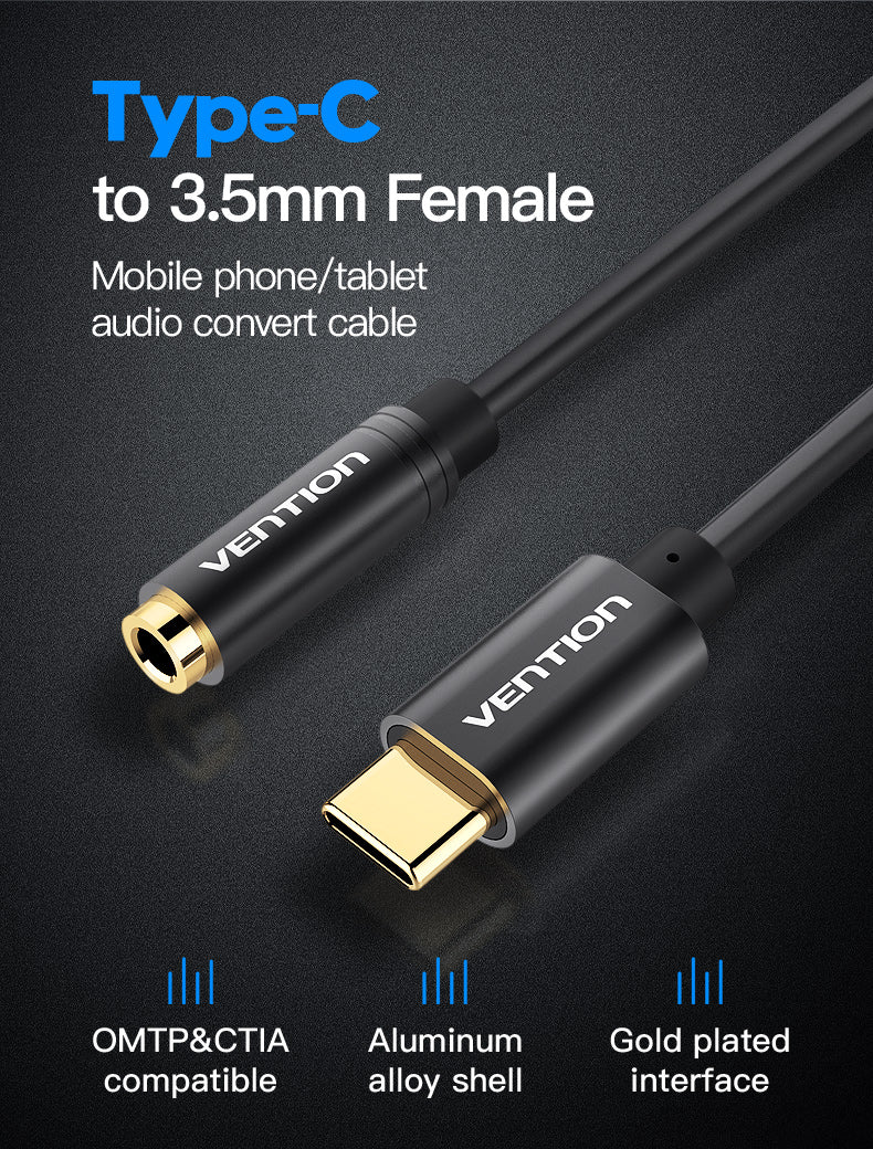 Vention USB Type-C Male to 3.5mm Female 0.1-Meter Gold Plated (BGC) Audio Converter Cord for Android Smartphones and Tablets