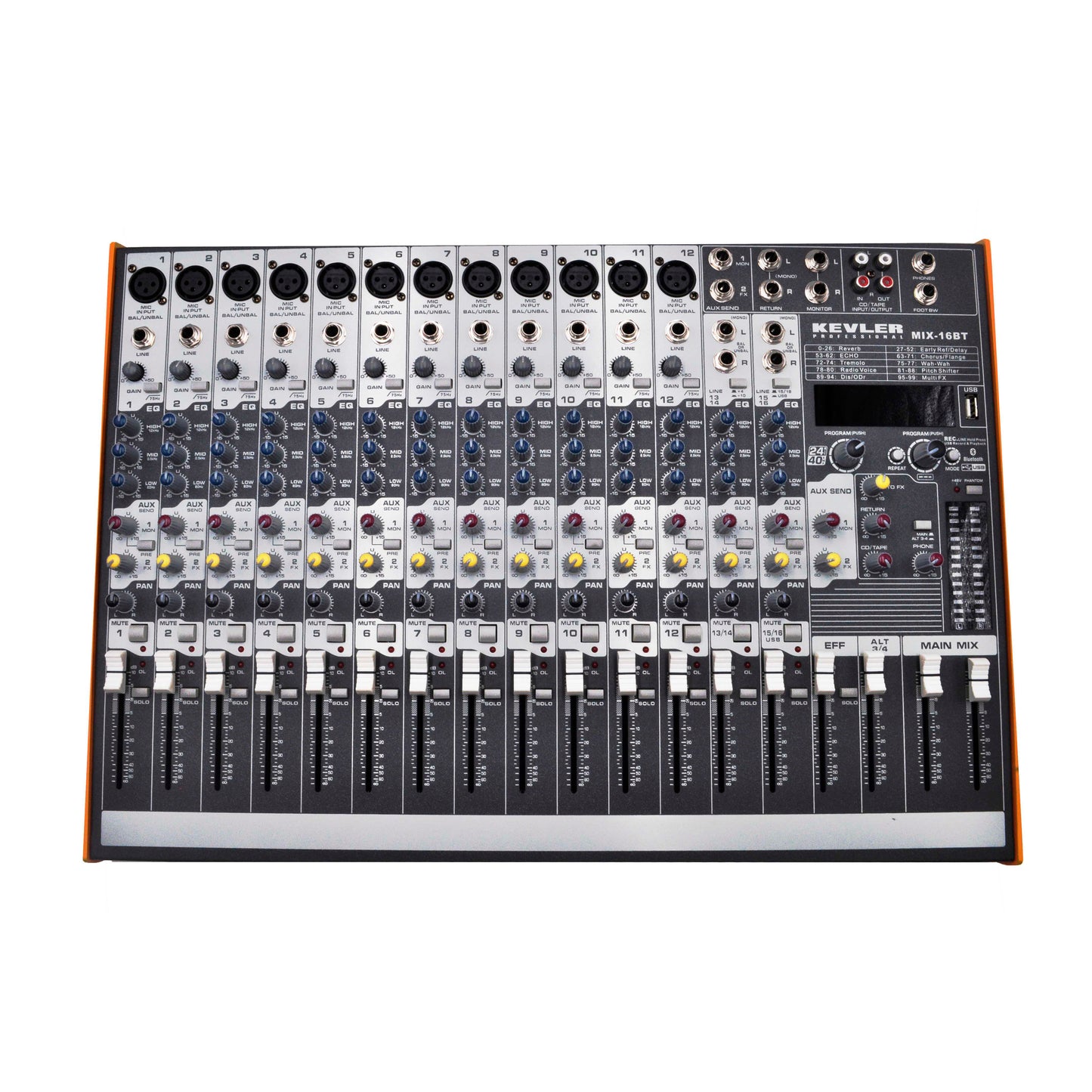 KEVLER MIX-16BT 16-Channel Compact Bluetooth Mixer with 12 Microphone/Line, 2 Stereo Input and 2 AUX Output, 3 Band EQ with USB / MP3 Function and 99 DSP Effects | Mix Series