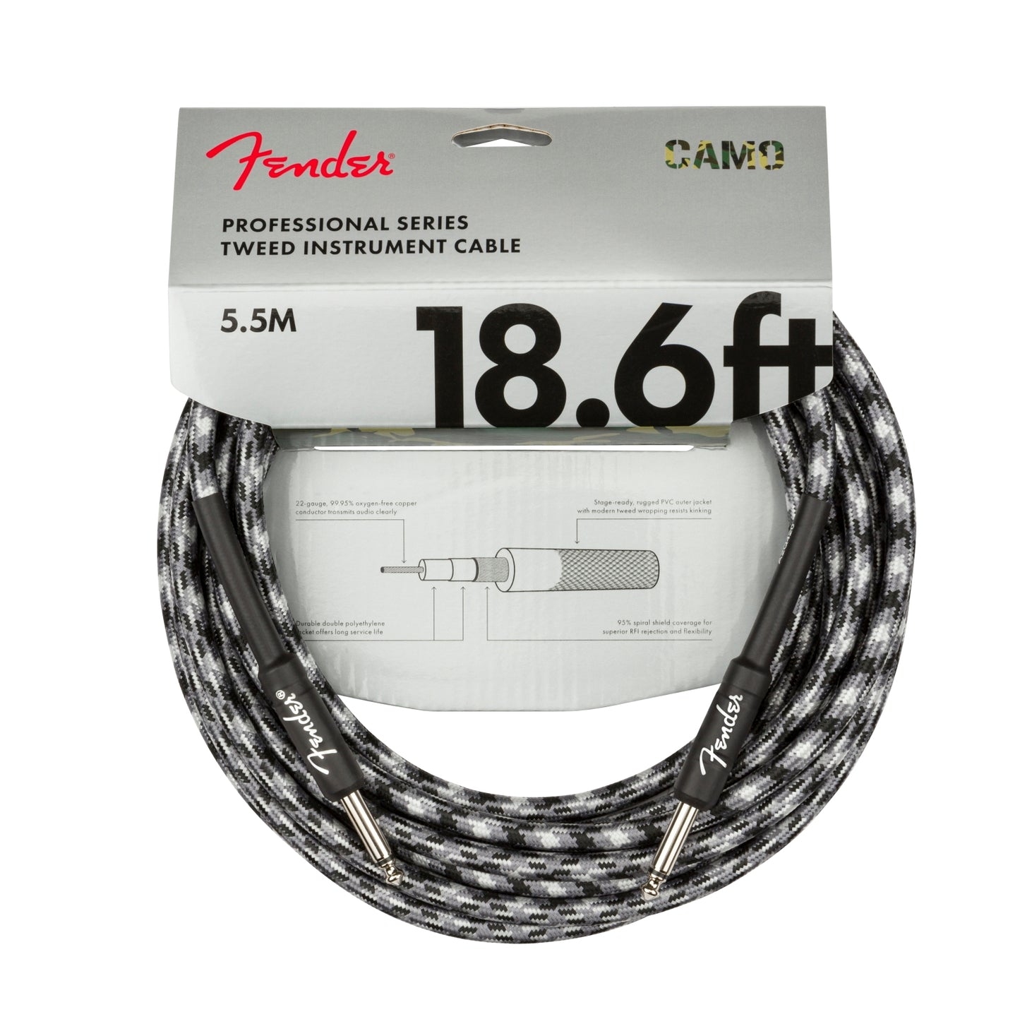 Fender Professional Series Camo Instrument Cable 18.6ft Straight-Straight with Nickel-plated 1/4" Connectors, 22AWG, Camouflage (Desert, Winter, Woodland)