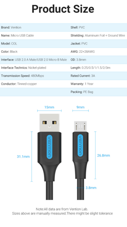Vention USB 2.0 A Male to Micro-B Male 3A Cable (COL) 480Mbps 0.5M Black
