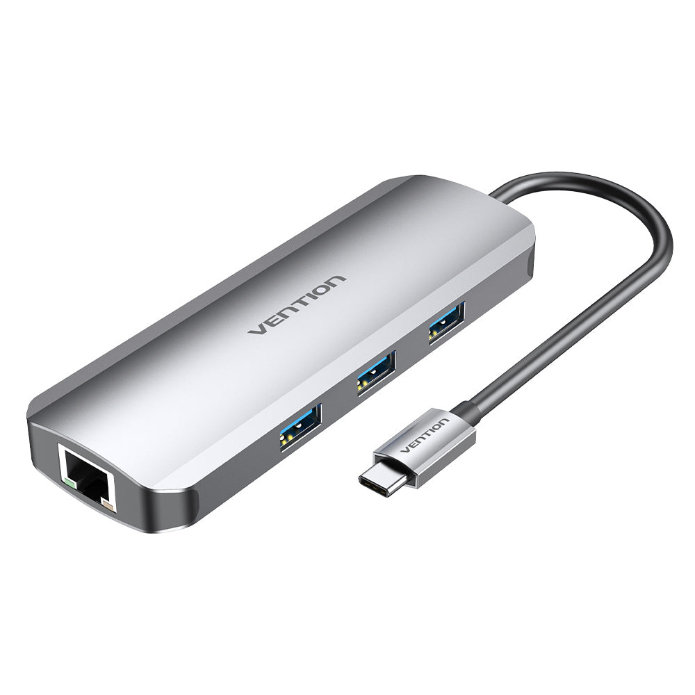 Vention 9 in 1 USB Type C Hub with 4K HDMI Output, TRRS 3.5mm Audio Jack, 5Gbps USB 3.0 Ports, SD / microSD Card Reader, 1000Mbps RJ45 Gigabit Ethernet Network Port, & Fast Charging USB-C Power Delivery Adapter Dock | TOLHB