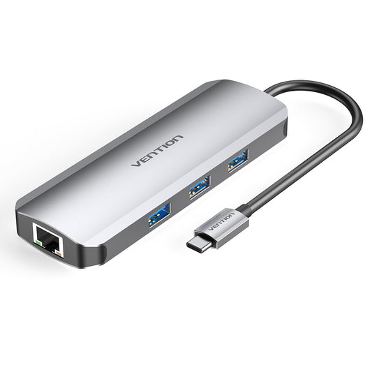 Vention 8 in 1 USB Type C Hub with 4K HDMI Output, 5Gbps USB 3.0 Ports, SD / microSD Card Reader, 1000Mbps RJ45 Gigabit Ethernet Network Port, & Fast Charging USB-C Power Delivery Adapter Dock | TOKHB