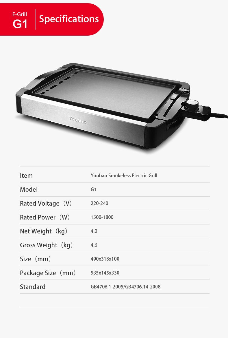 Yoobao G1 1800W Double Paneled Whitford Coated Smokeless Electric Grill with 3 Levels of Heating Power for Frying and Grilling