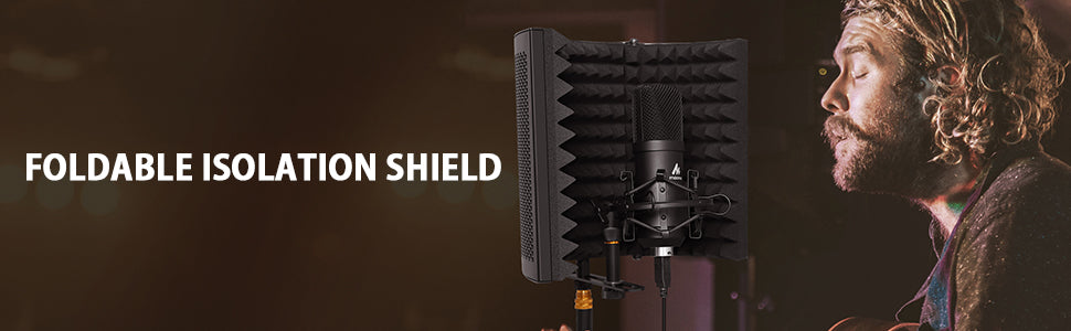 Maono AU-S03 Microphone Isolation Shield Insulating Hood Portable & Foldable High Density Absorbing Foam Panel and Metal Back for Home Office, Studio, Podcasting, Vocalizing, Singing, Broadcasting