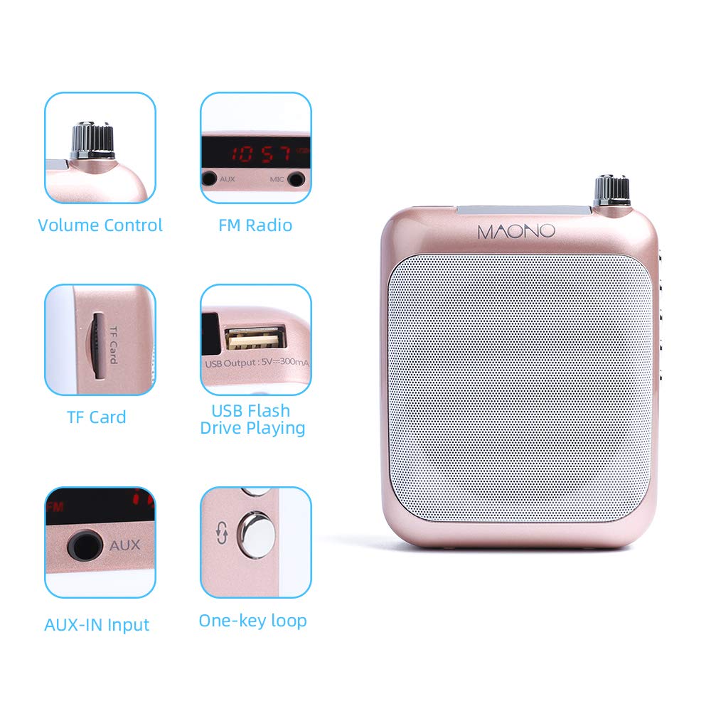 Maono AU-C01 Portable Voice Amplifier Lightweight Cardioid Rechargeable Wired Microphone with Waistband and LED Display (Rose Gold)