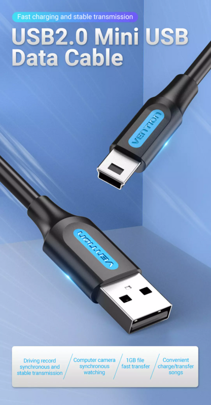 Vention USB 2.0 A Male to Mini-B Male Cable (COM) 480Mbps Black 2M Black