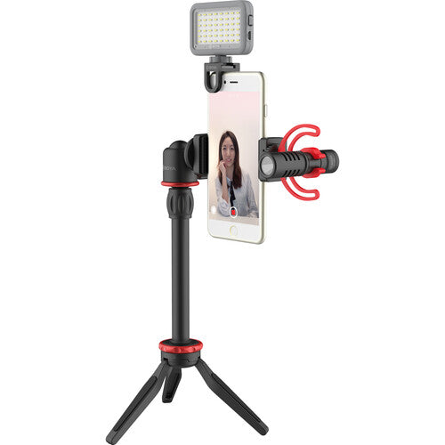 Boya BY-VG330 Vlogger Kit Video Rig with Microphone, Mini Tripod Extension Tube Ball Head and Phone Holder Clamp