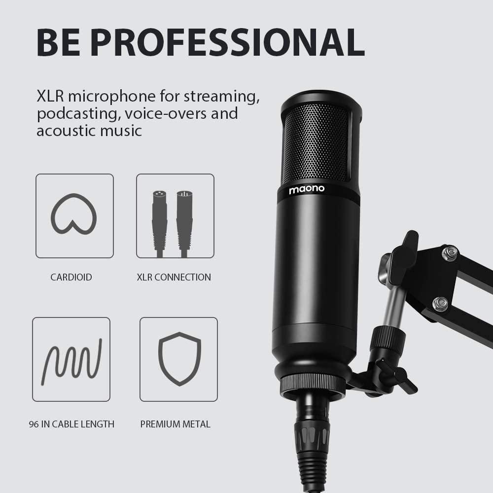 MAONO Microphone à condensateur XLR, micro d'enregistrement cardioïde  professionnel pour streaming, baladodiffusion, chant, voix, home studio