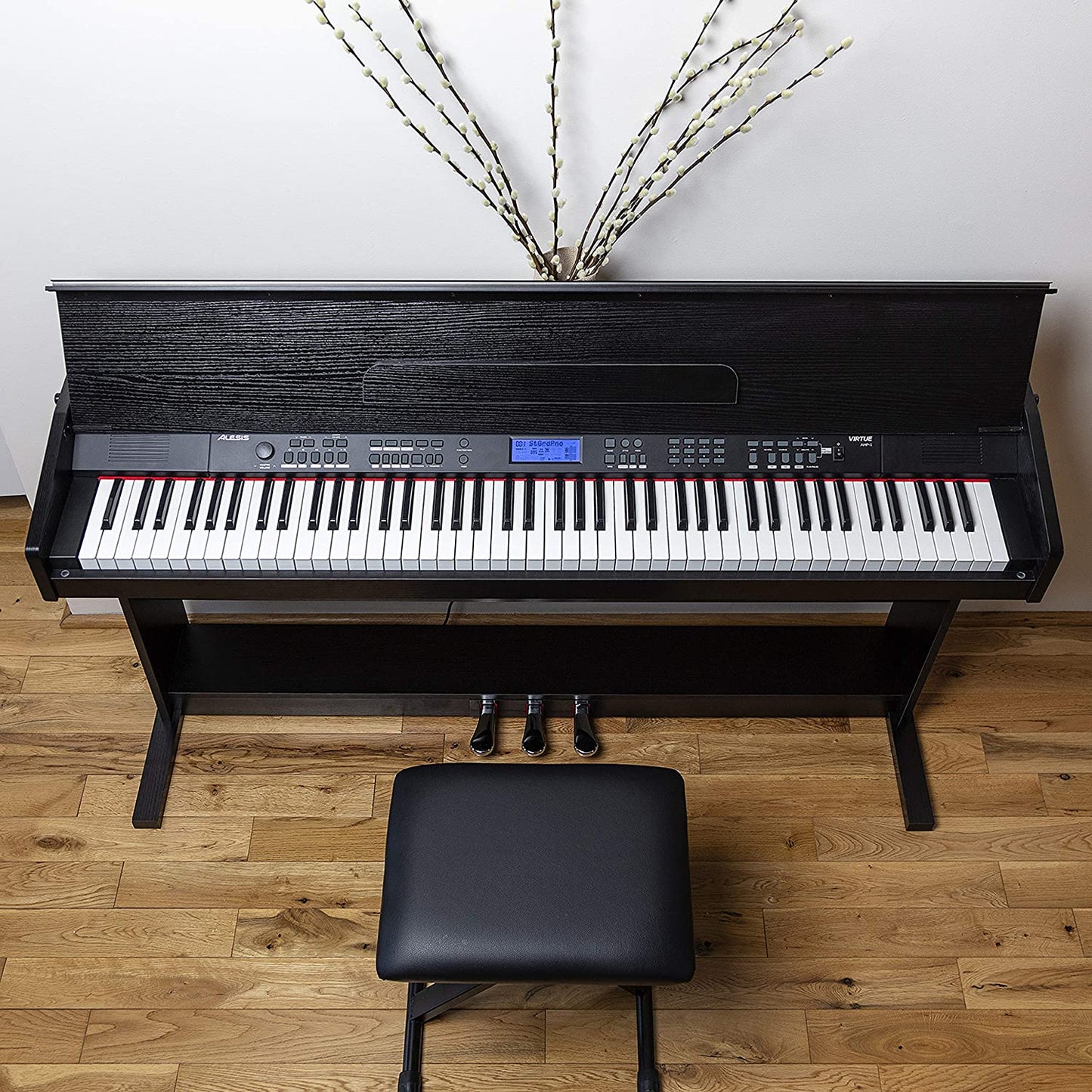 Alesis - Featuring a stylish and easy-to-assemble black wooden piano stand  with a built-in music rest and three pedals, and an adjustable piano bench,  the Virtue 88-key digital piano includes everything that