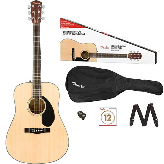 Fender CD-60S Dreadnought Acoustic Guitar Pack with Picks, Gig Bag, Strap and Extra Strings for Musicians, Beginner Players (Natural)