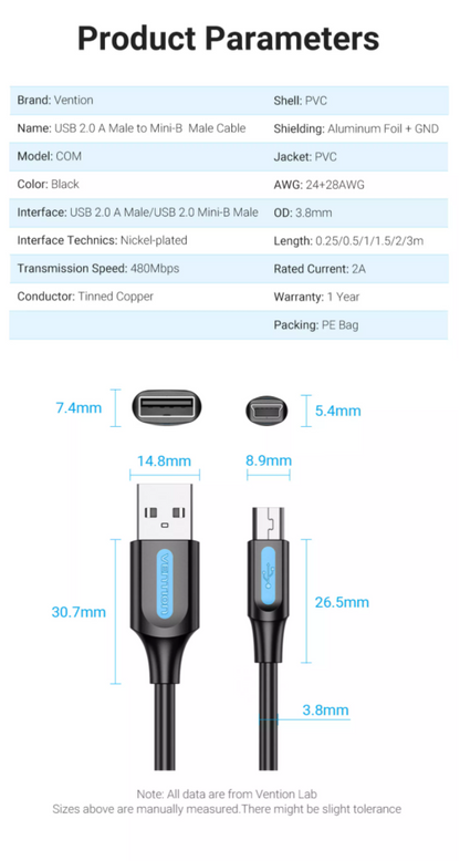 Vention USB 2.0 A Male to Mini-B Male Cable (COM) 480Mbps Black 2M Black